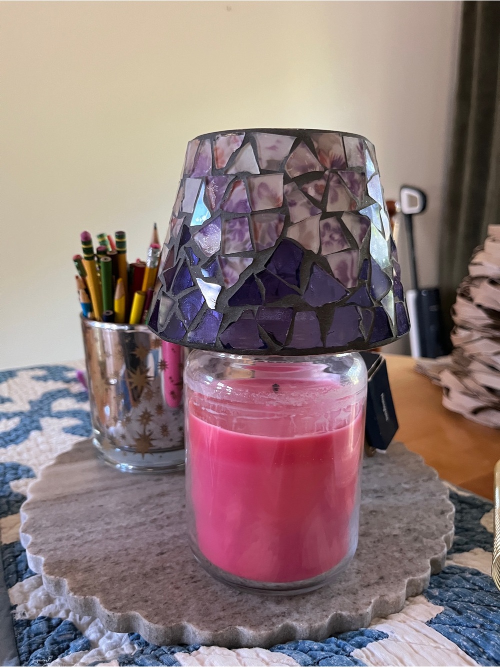 Handcrafted Purple Mosaic Candle Shade for Jar Candles